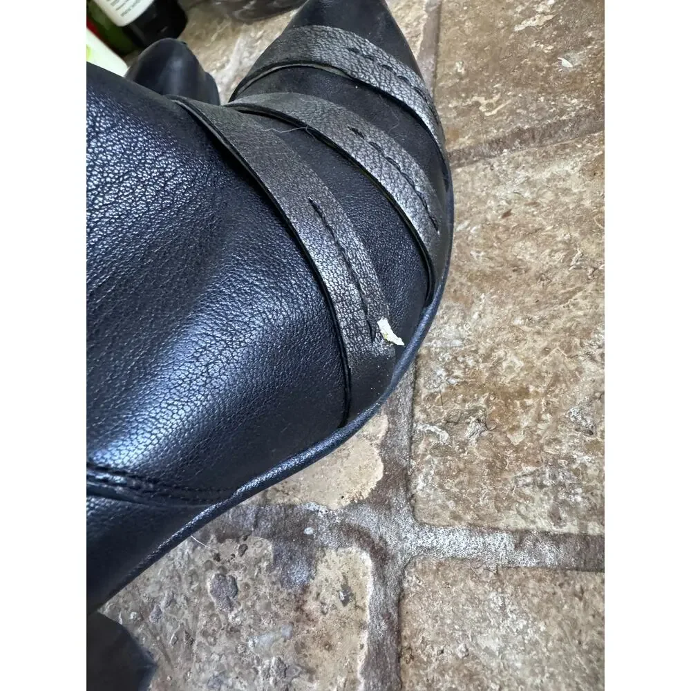 Black and silver low heel leather booties
